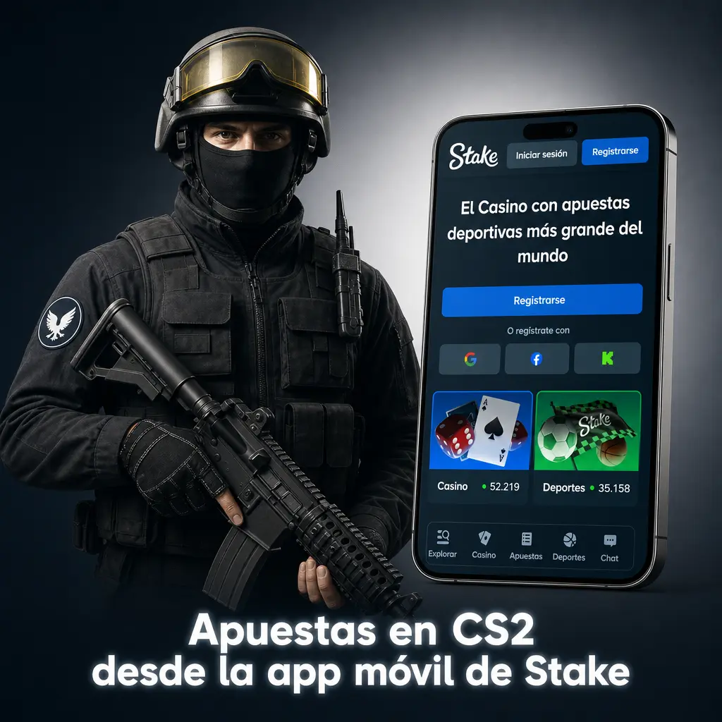Apuestas en CS2 desde la app móvil de Stake, con los mismos mercados que la versión de escritorio para Android e iOS.