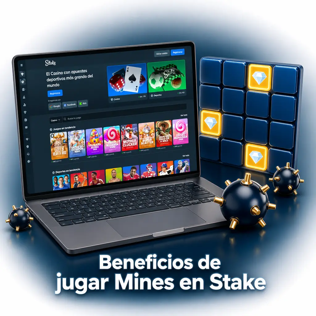 Panel del juego Mines en Stake con cuadrícula, multiplicador y controles de apuesta configurables
