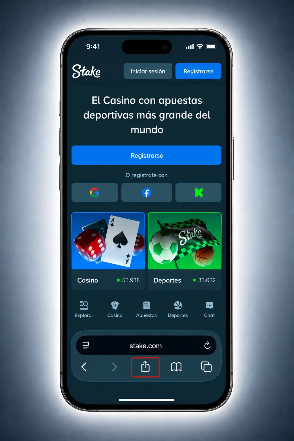 Pasos para descargar e instalar la app de Stake en iOS desde Safari, agregándola a la pantalla de inicio del iPhone.