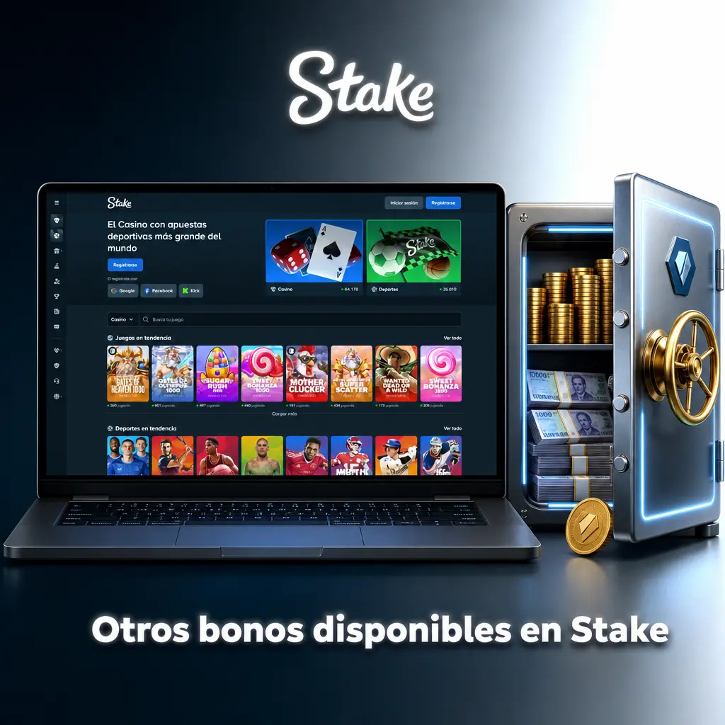 Tabla con otros bonos de Stake: VIP Club, referidos, Reload Bonus y cuotas mejoradas para casino y apuestas deportivas.