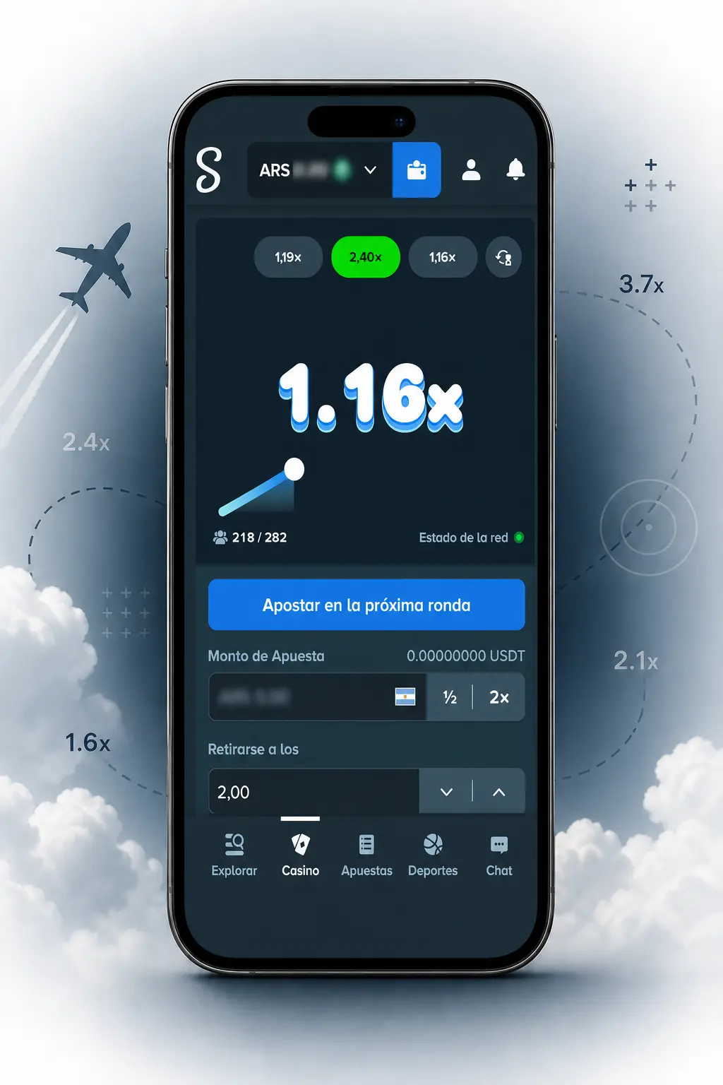 Captura de pantalla del acceso a Aviamasters en Stake tras registrarte y depositar fondos en tu cuenta