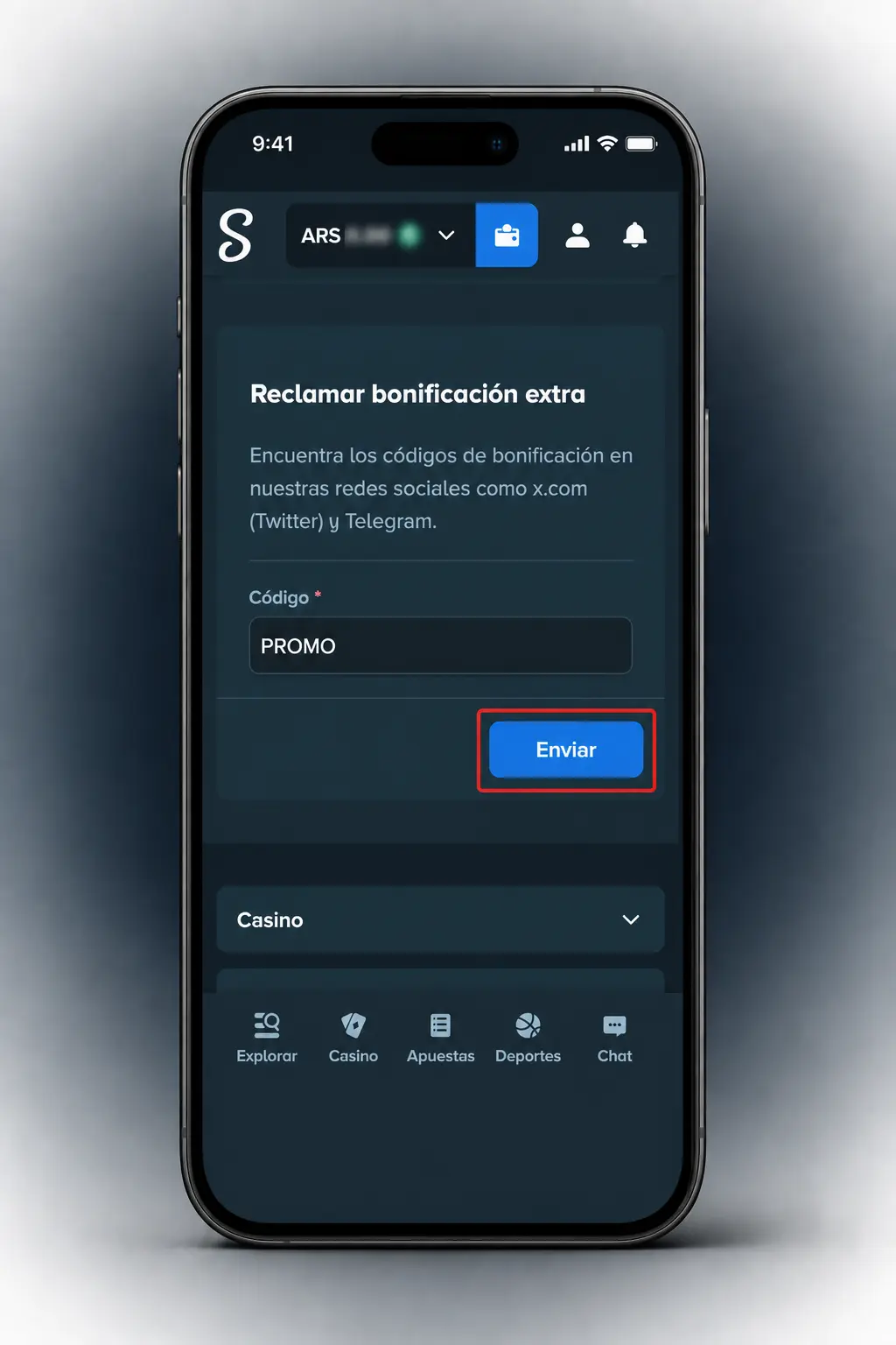 Pasos para activar el código promocional en la app móvil de Stake desde tu celular Android o iOS