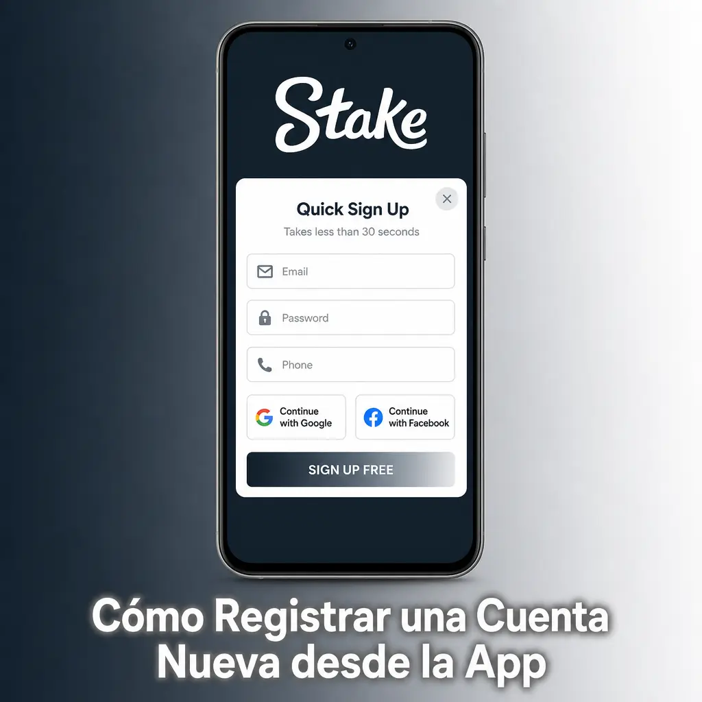 Pasos para registrar una cuenta nueva en la app de Stake desde el celular, completando datos y verificando el acceso.