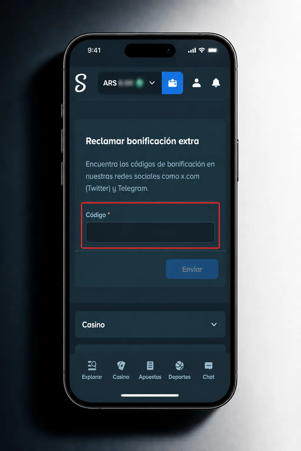 Pasos para ingresar el código promocional de Stake y activar el bono en tu cuenta desde la plataforma.